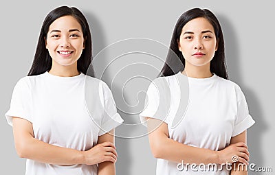 Collage of asian girl in blank template t shirt isolated on gray background. Young woman in tshirt with copy space and mock up Stock Photo