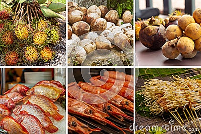 Collage asian market snapper, shrimp on ice, rambutan and enoki mushrooms Stock Photo