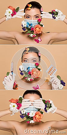 Collage with asian woman in latex gloves and floral face mask with butterflies holding pills and coronavirus blood test Stock Photo