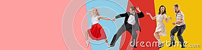 Collage. Attractive couples, men and women cheerfully dancing retro dance styles over multicolored background Stock Photo