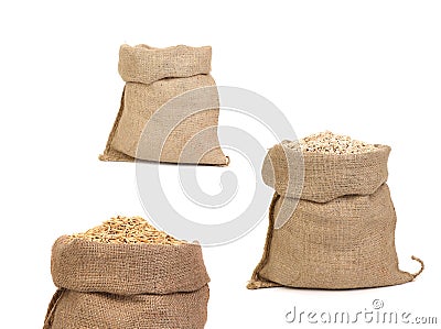 Collage of bags with grain. Stock Photo