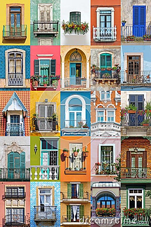 Collage of balconies as colorful architectural background Stock Photo