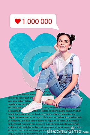 Collage banner advert million likes dream young cute lady sitting want become popular most popular influencer isolated Stock Photo