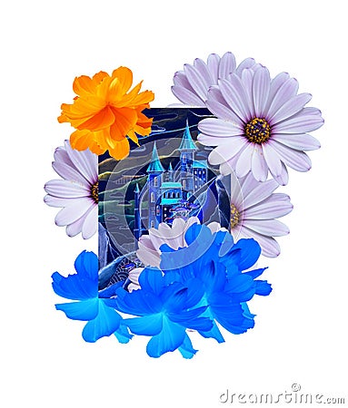 Collage with beautiful flowers and picture of fantasy castle. Pretty card Stock Photo