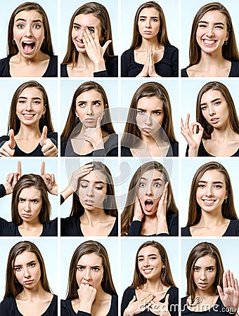 Collage of beautiful girl with different facial expressions Stock Photo