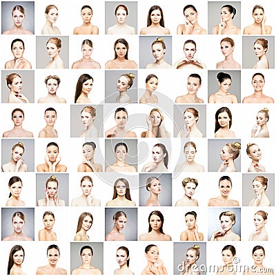 Collage of beautiful, healthy and young spa female portraits. Faces of different women. Face lifting, skincare, plastic Stock Photo