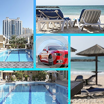 Collage of beautiful pictures with luxury hotels, tropical resorts and car Stock Photo