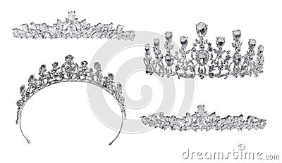 Collage of beautiful silver tiaras with diamonds on white background Stock Photo