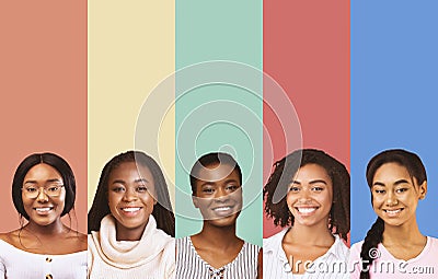 Composite picture of beautiful black ladies over colorful studio backgrounds Stock Photo