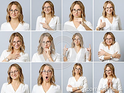 Beautiful woman with different facial expressions and gestures Stock Photo
