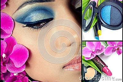 Collage of beautiful woman's face with cosmetics Stock Photo