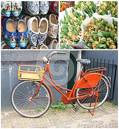 Collage characteristic Dutch retro bike & souvenirs,Amsterdam,Netherlands Stock Photo