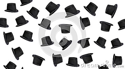 Collage with black tall men's hats on a white background Stock Photo