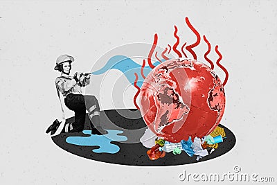 Collage black white effect firewoman extinguish climate global warming change help water globe fire trash empty Stock Photo