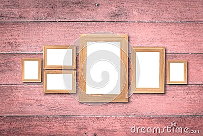 Collage of blank brown wooden frames , interior decor mock up on Stock Photo