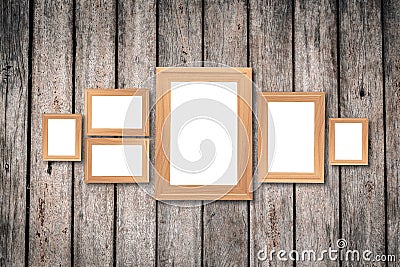 Collage of blank brown wooden frames , interior decor mock up on Stock Photo