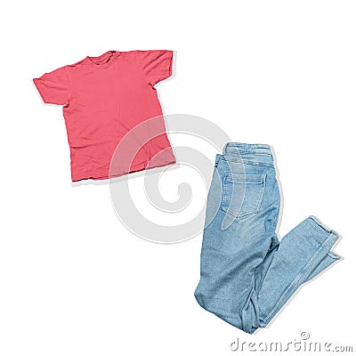 collage blue jeans and pink t shirt isolated on white background, unisex fashion look on white Stock Photo