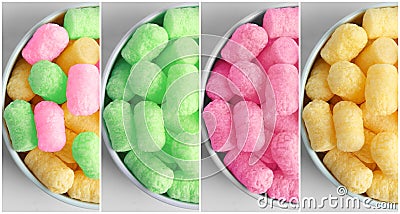 Collage of bowls with colorful corn puffs on light grey background, top view Stock Photo