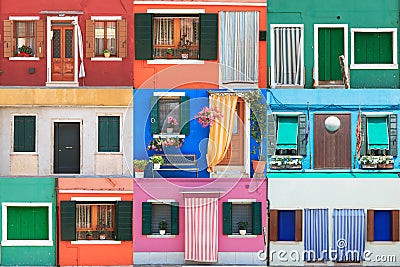 Collage of Burano coloured homes - Venice Stock Photo