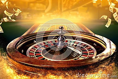 Collage of casino images with a close-up vibrant image of multicolored casino roulette table with poker chips Stock Photo