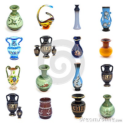 Collage of ceramic and glass vases isolated on white background Stock Photo