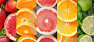 Collage of citrus fruit products divided with white vertical lines, bright and vibrant Stock Photo