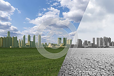 Collage of City with green field and blue sky and City with desert and grey sky. Stock Photo