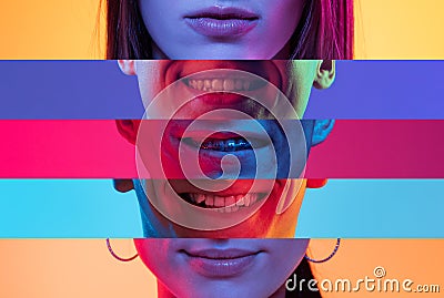 Collage of close-up male and female mouths and chins isolated on colored neon backgorund. Multicolored stripes. Emotions Stock Photo