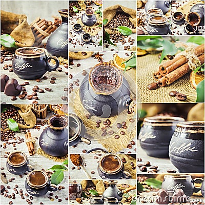 Collage of coffee. a lot of pictures. Stock Photo