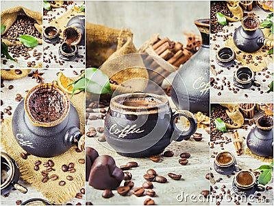 Collage of coffee. a lot of pictures. Stock Photo