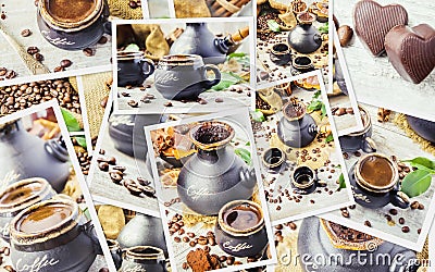 Collage of coffee. a lot of pictures. Stock Photo