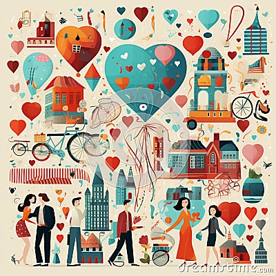 Collage of colorful, cartoonish characters celebrating Love's Endless Journey Stock Photo