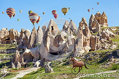 Hot air balloons and running horse in Cappadocia, Turkey Stock Photo