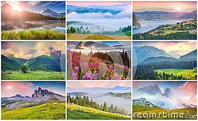 Collage with 9 colorful summer landscapes. Stock Photo