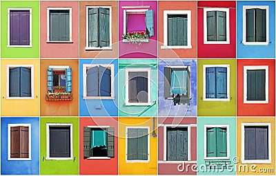 Collage of colorful windows with frames in Burano Stock Photo