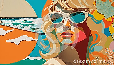 Collage composition of seascape made of retro paper created with generative ai tools Cartoon Illustration