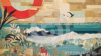 Collage composition of seascape made of retro paper created with generative ai tools Cartoon Illustration