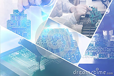 Collage of computer boards with visual effects in a futuristic style. The concept of modern and future technologies Stock Photo