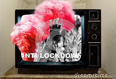 Collage concept of anti lockdown protests showing on tv, coloured smoke and people rising hands in a unite protest movement Stock Photo