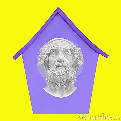 A collage of contemporary art. The plaster head of the sculpture is in a purple house on a yellow background. The Editorial Stock Photo