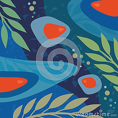 Collage contemporary background pattern - concept vector illustration with abstract shapes and nature leaves. Underwater world Vector Illustration