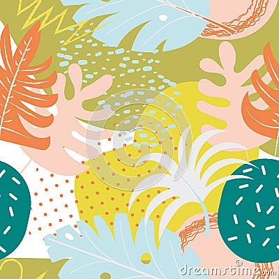 Collage contemporary floral seamless pattern. Modern exotic jungle fruits and plants. Creative design leaves pattern Vector Illustration