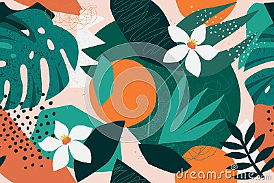 Collage contemporary floral seamless pattern. Modern exotic jungle fruits and plants illustration in vector. Vector Illustration