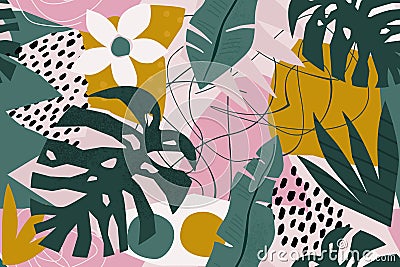 Collage contemporary floral seamless pattern. Modern exotic jungle fruits and plants illustration in vector. Vector Illustration