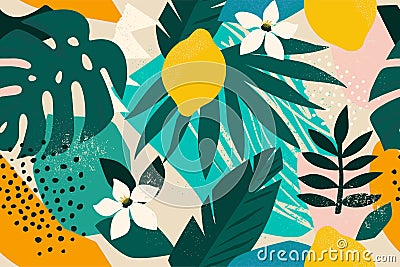 Collage contemporary floral seamless pattern. Modern exotic jungle fruits and plants illustration vector. Vector Illustration