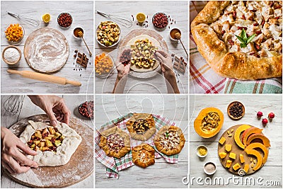 Collage the cooking pies with pumpkin and apples. Stock Photo