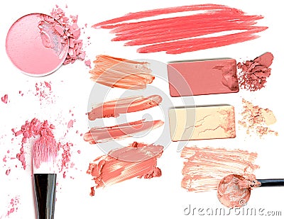 Collage of cosmetics foundation powder on white background. Beauty and makeup concept Stock Photo