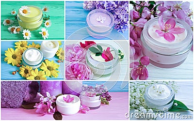 Collage cream cosmetic flowers Stock Photo