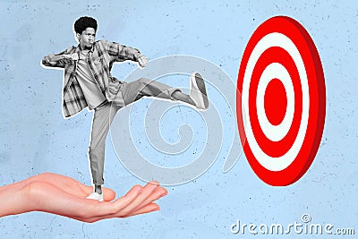 Collage creative illustration image monochrome effect serious young concentration man kick target darts game fight Cartoon Illustration