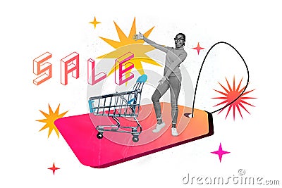 Collage creative poster black white effect excited happy smile young woman show mall trolley order sale exclusive Stock Photo